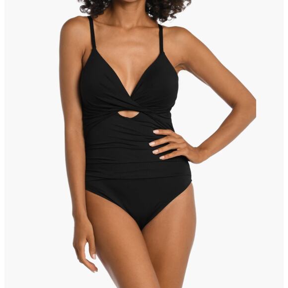 La Blanca Black One Piece Swimsuit Ruched Tummy Control V-Neck Size 6 resort - Picture 1 of 7